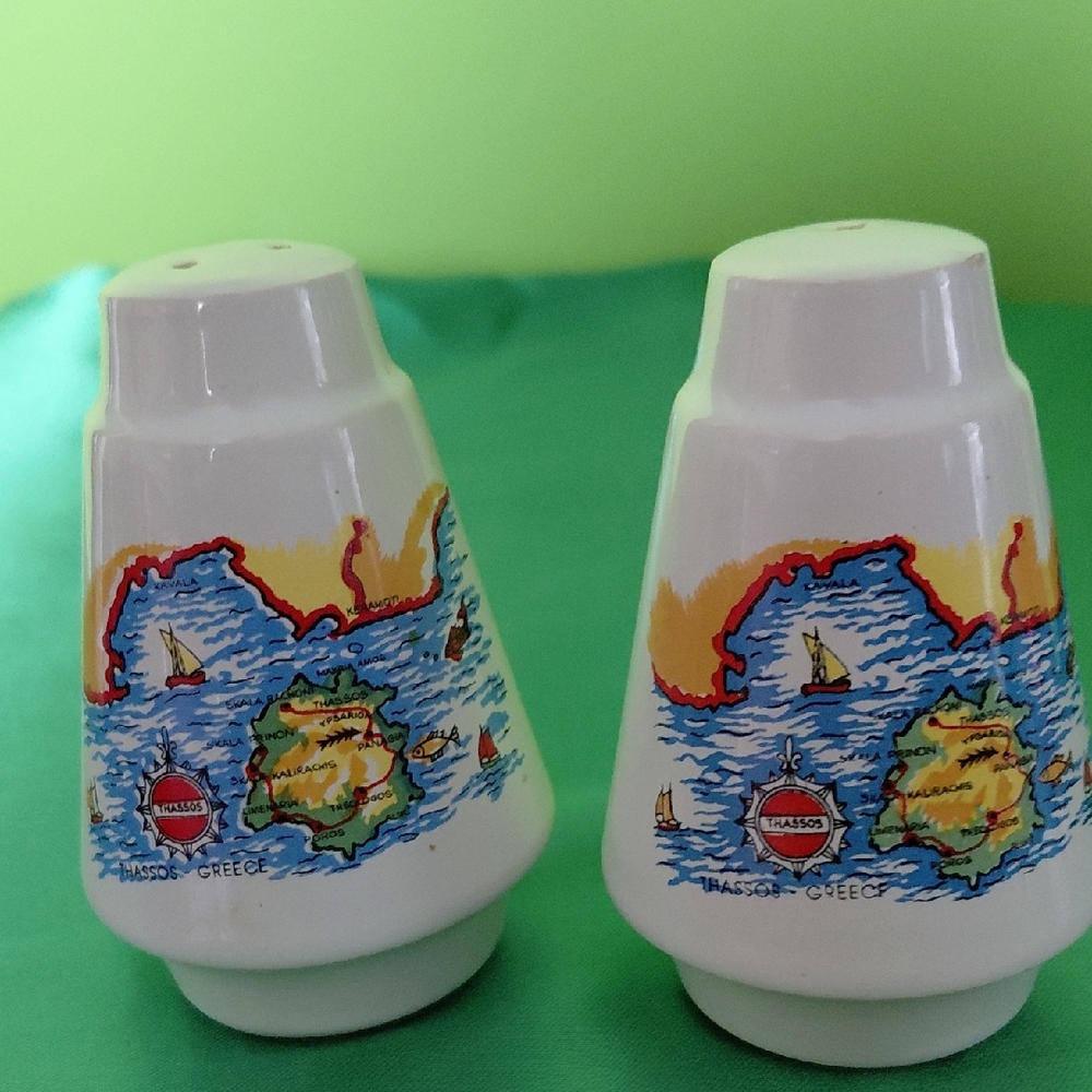 Thasos Greek Colorful Map Salt and Pepper Shakers